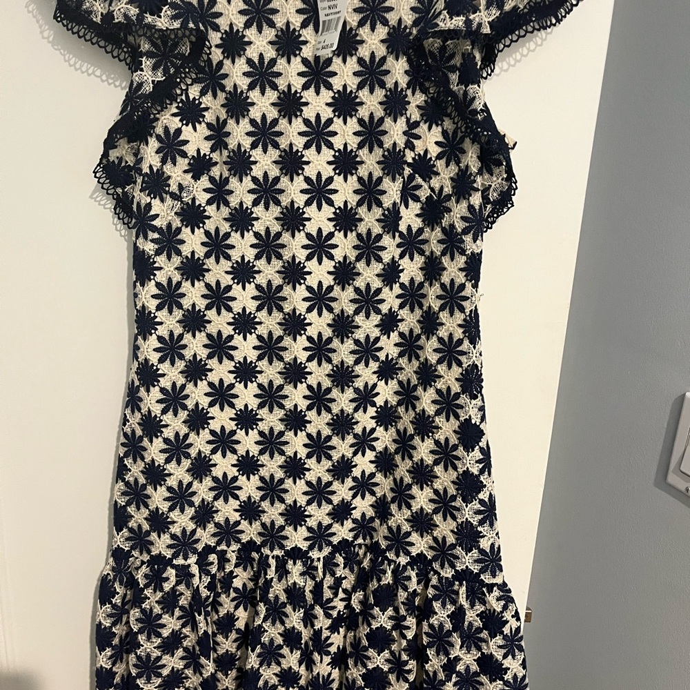 Shoshanna Navy Floral Lace Midi Dress on Cream